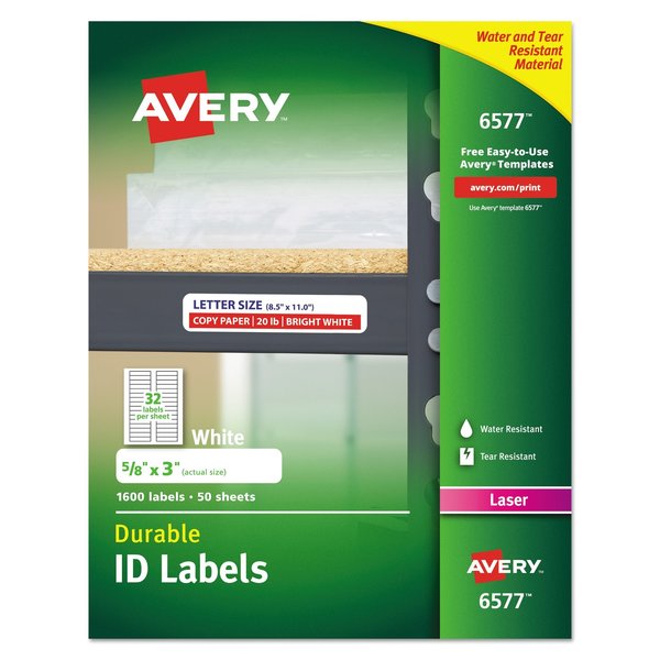 Avery Durable Permanent ID Labels w/TrueBlock, Laser, 0.63x3, White, PK1600 06577